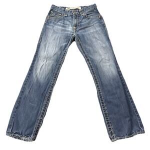 Big Star Pioneer Bootcut Jeans Medium Wash Thick Stitching Mens 32R Distressed